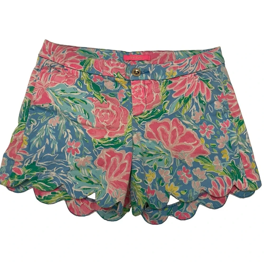 Lilly Pulitzer Buttercup Shorts 6 In Full Bloom Floral Scalloped Stretch Cotton